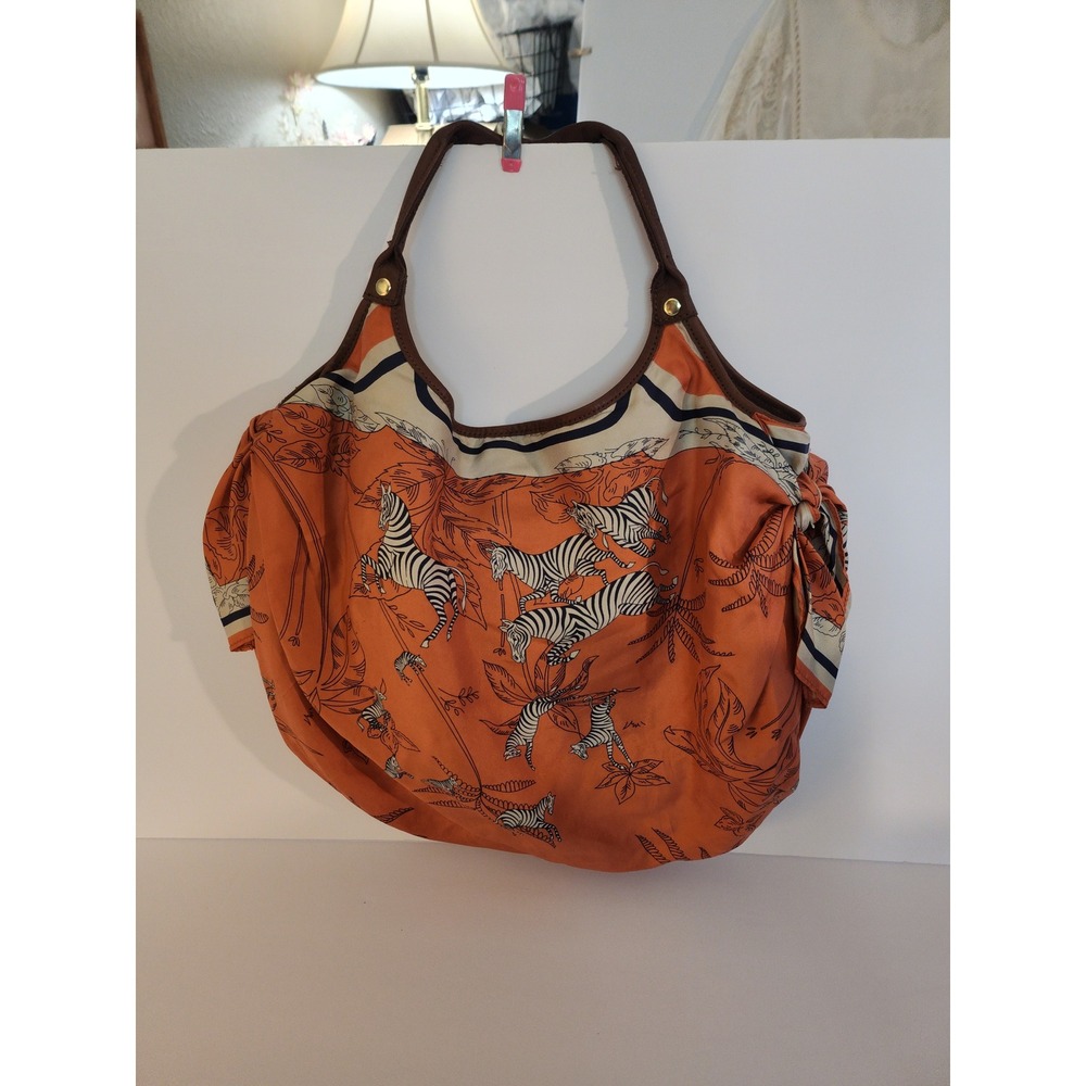 Pilcro and the Letterpress Orange Zebra Print Silk Hobo Bag Leather Trim